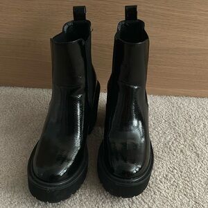 Black patent chunky booties
